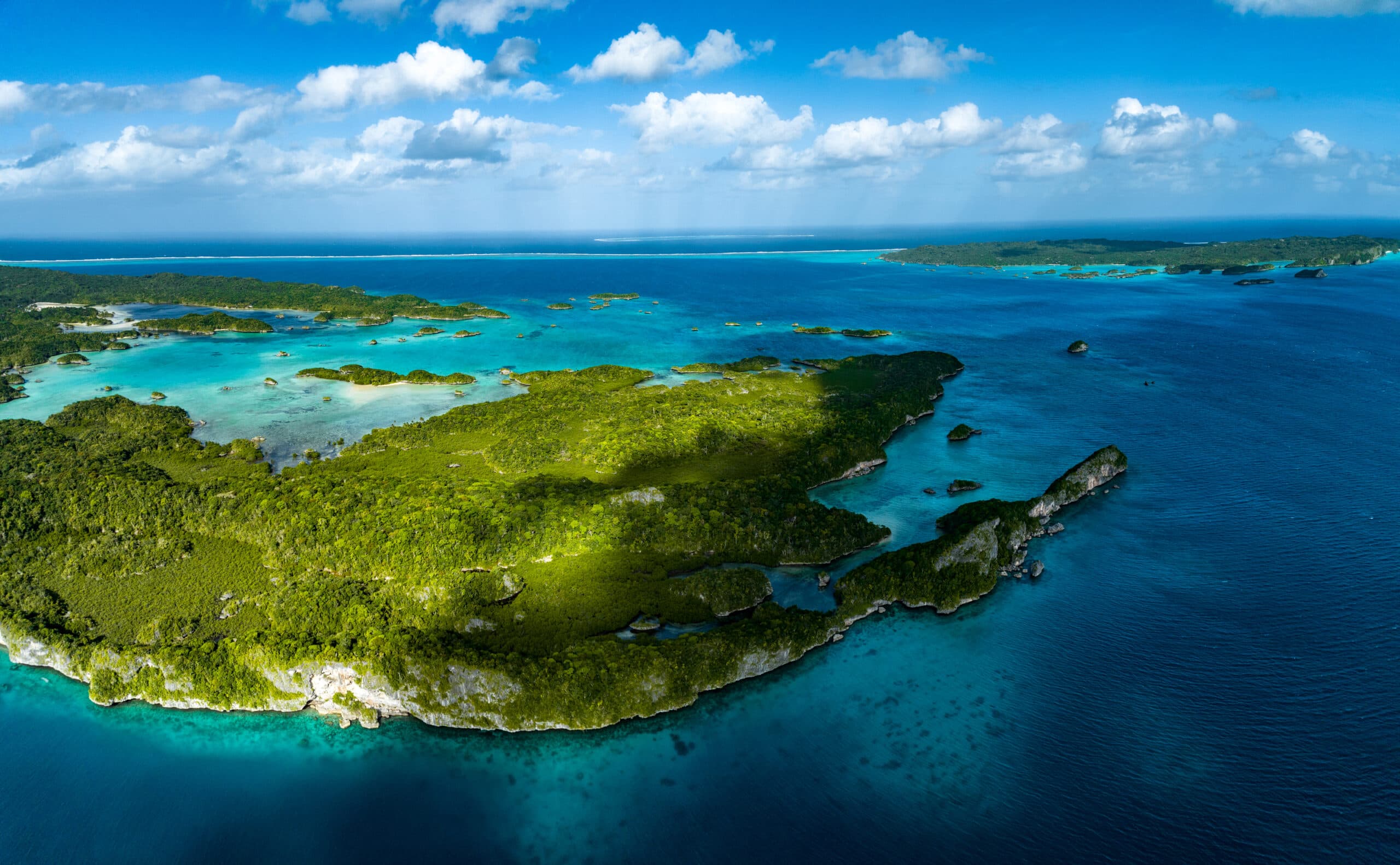 An aerial view of an island on the ocean